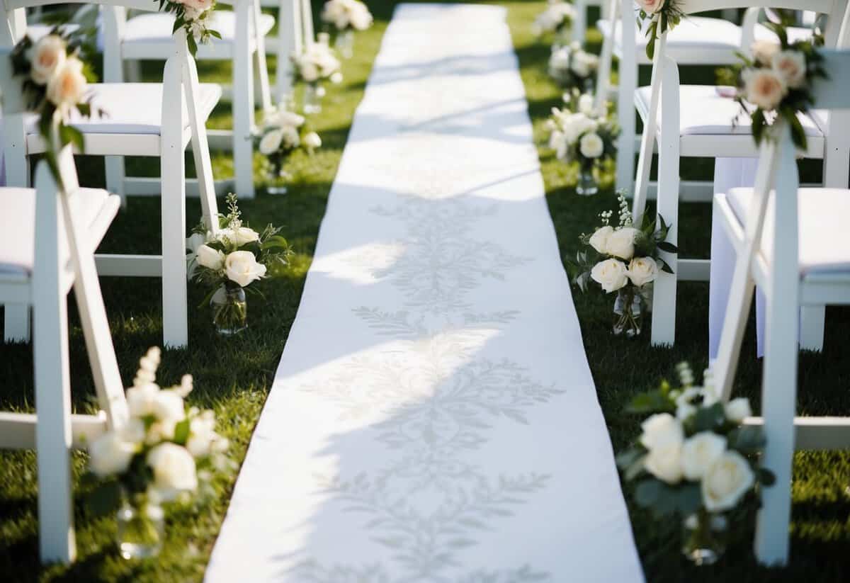 A white chiffon aisle runner with a delicate floral design unfurls down the center of a sunlit wedding aisle