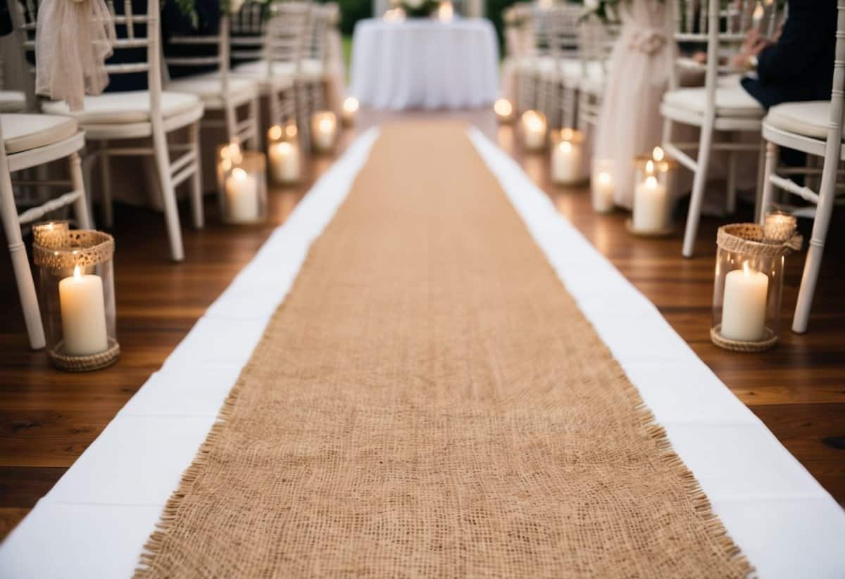 A rustic burlap aisle runner unfurls along a classic wedding aisle