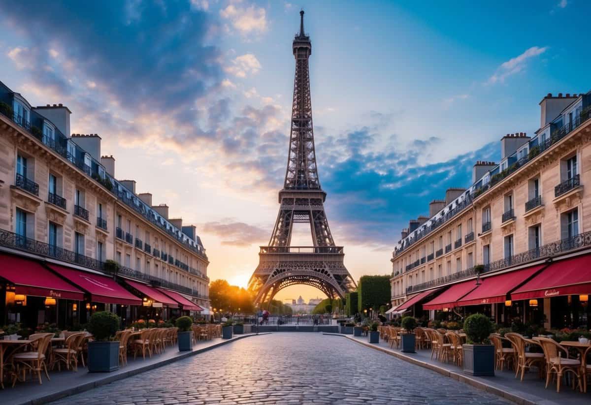 Eiffel Tower at sunset, surrounded by romantic cafes and cobblestone streets in Paris, France