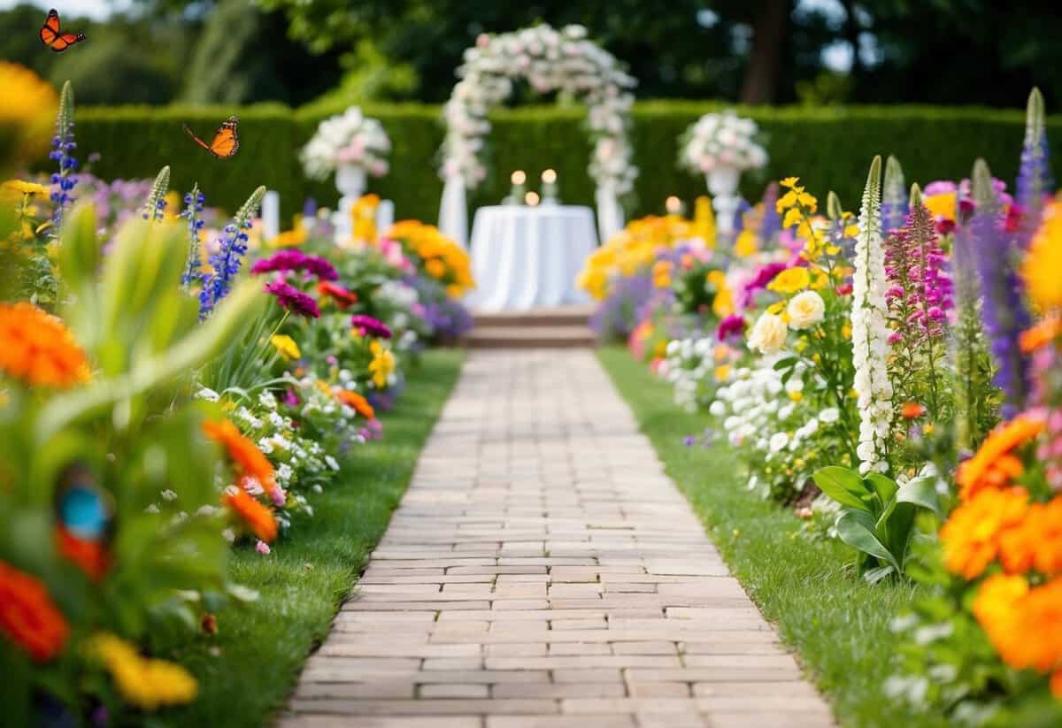 A lush garden path with colorful flowers and butterflies, leading to an elegant wedding altar