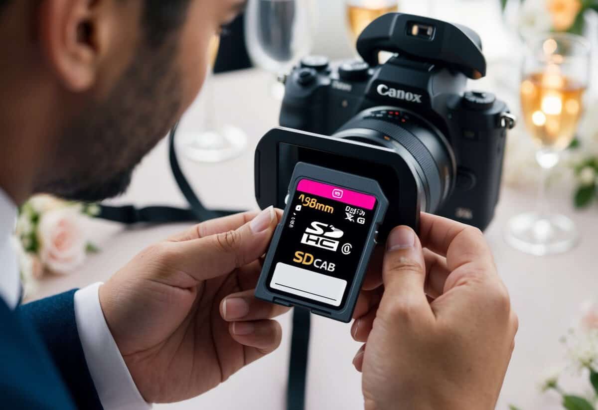 A high-quality SD card being inserted into a camera, ready for capturing wedding moments with confidence