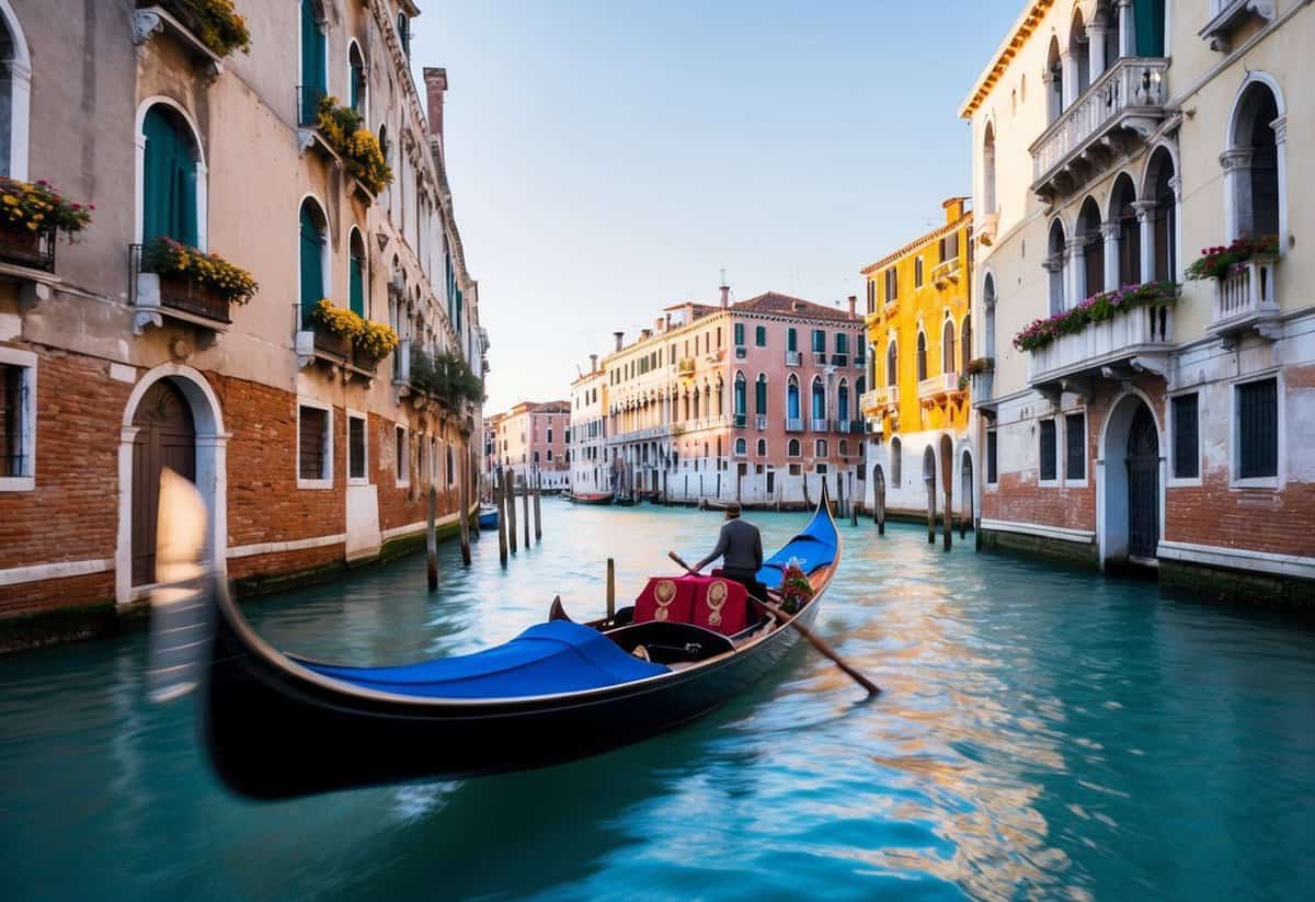 A gondola glides along a serene canal, passing by ancient buildings adorned with colorful flowers and ornate balconies in Venice, Italy