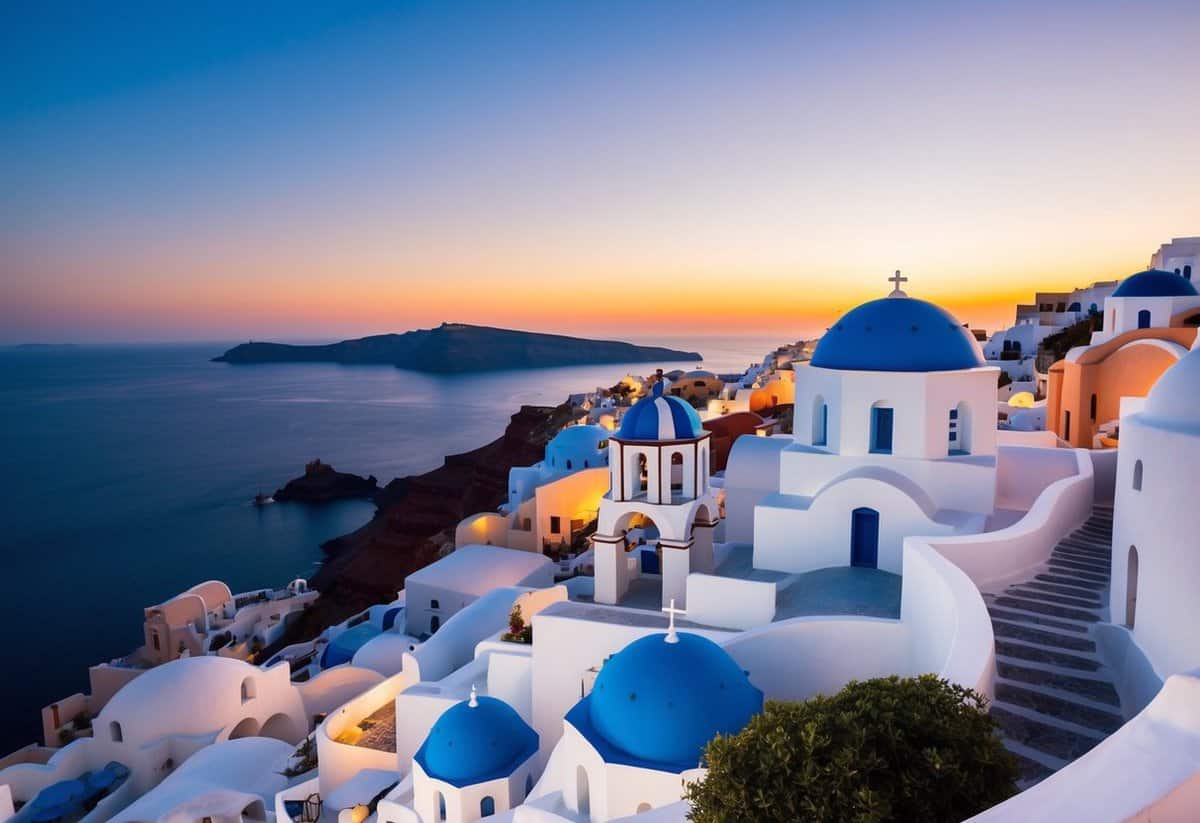 A picturesque sunset over the white-washed buildings and blue-domed churches of Santorini, with the sparkling Aegean Sea in the background