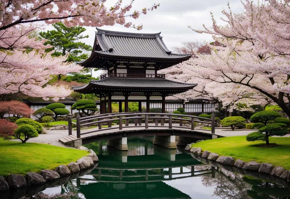 A traditional Japanese garden with a wooden bridge over a serene pond, surrounded by cherry blossom trees in full bloom