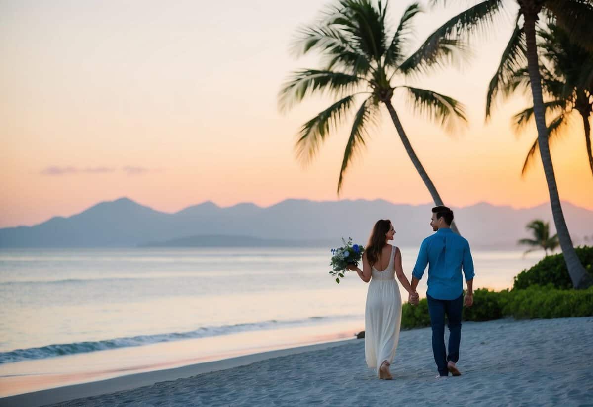 A couple walking along a serene beach at sunset, with palm trees and a picturesque backdrop of the ocean and mountains in the distance