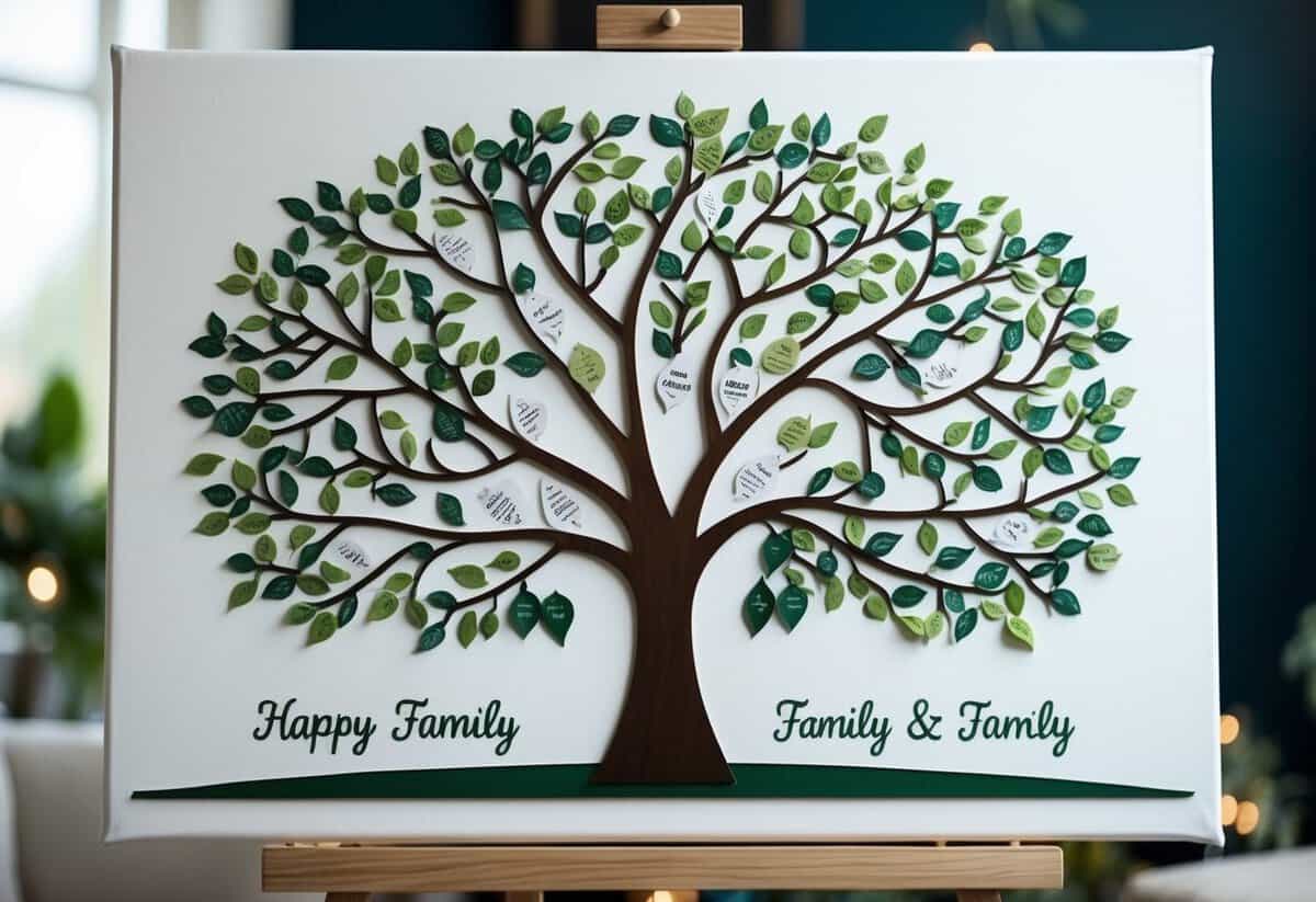 A family tree with personalized branches and leaves, symbolizing generations and love, displayed on a canvas as a thoughtful wedding anniversary gift for parents