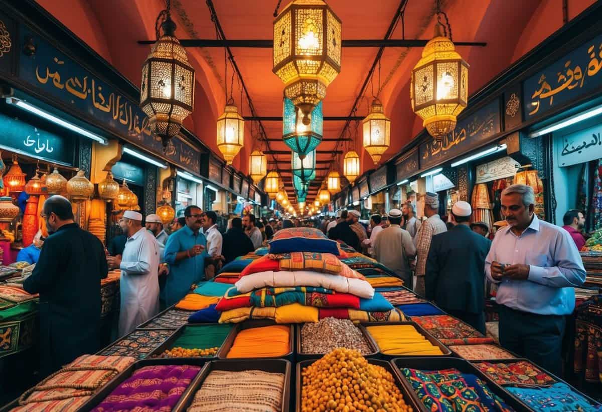 A vibrant marketplace in Marrakech, with colorful textiles, ornate lanterns, and bustling crowds