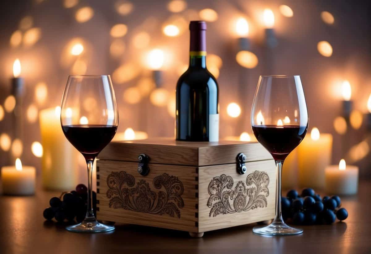 A wooden wine box with intricate engravings, surrounded by two wine glasses and a bottle of wine, set against a background of romantic candlelight