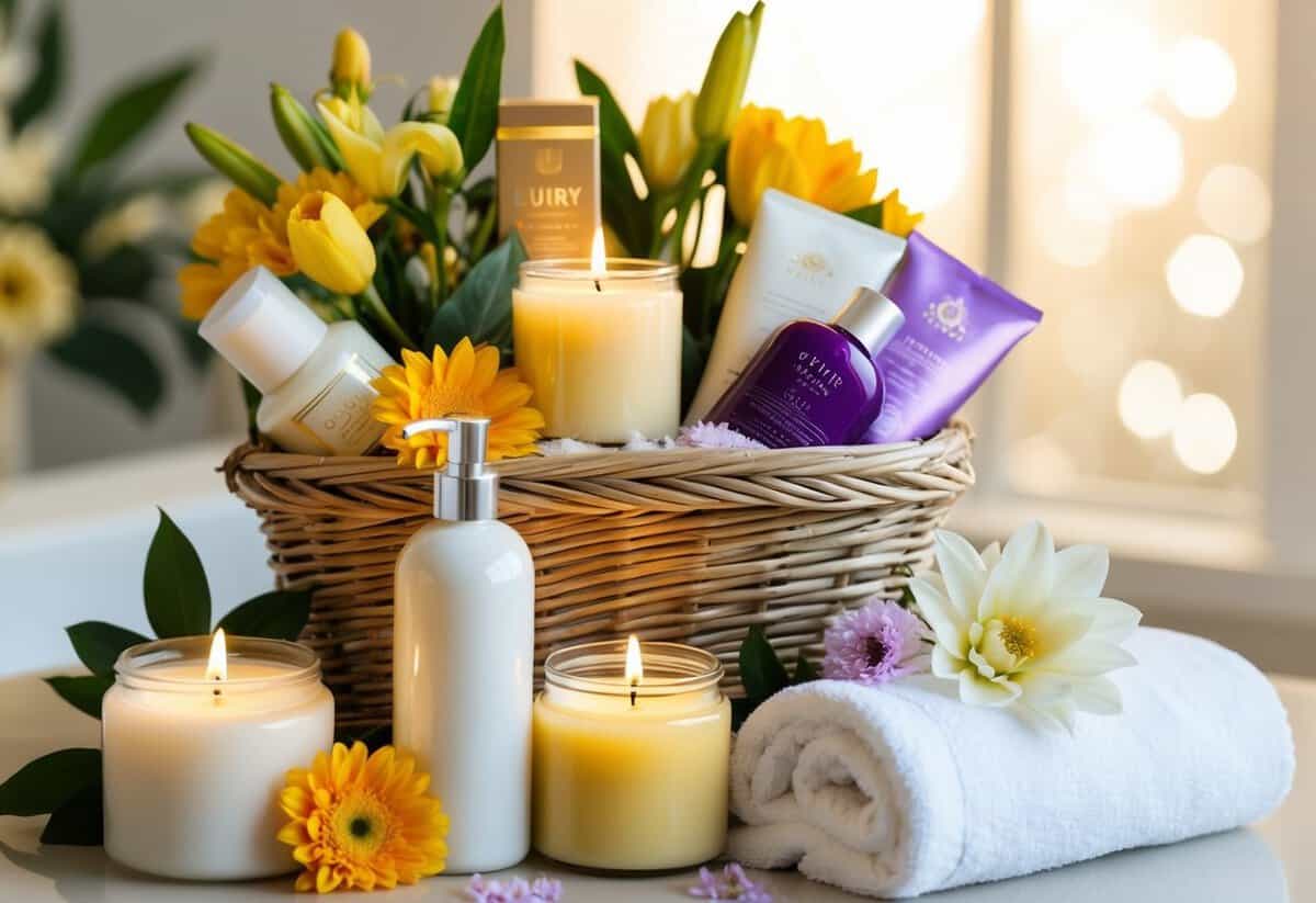 A beautifully arranged luxury spa gift basket with candles, lotions, and bath salts, surrounded by fresh flowers and a soft, plush towel