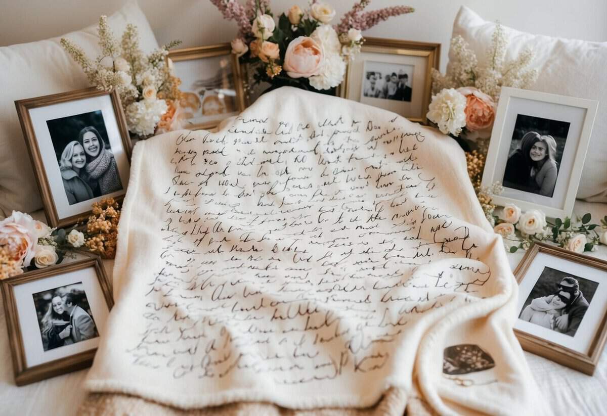 A cozy blanket covered in handwritten love letters, surrounded by delicate flowers and framed photographs