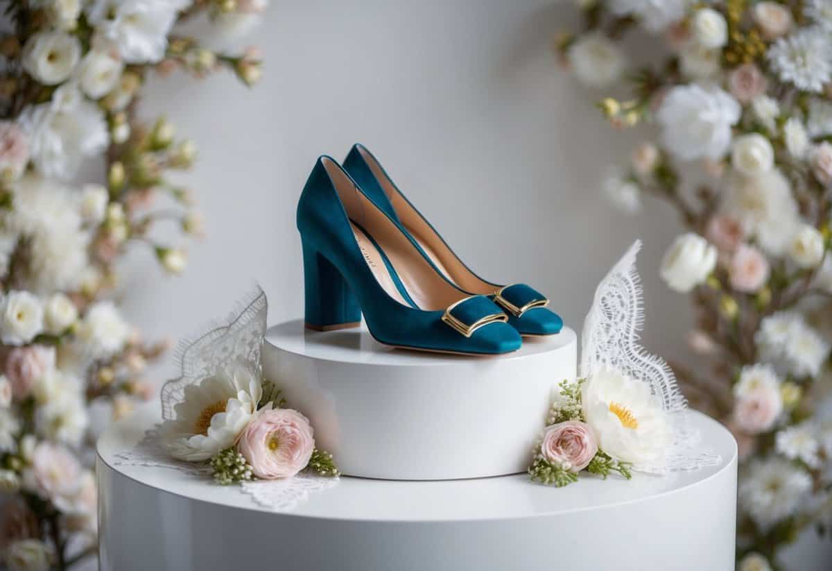 A pair of Marc Fisher LTD Oshay Block Heel shoes placed on a pristine white pedestal, surrounded by delicate lace and floral accents