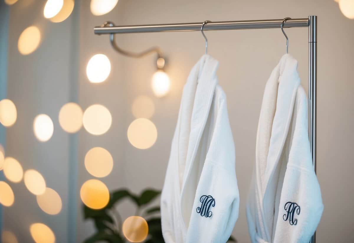 Two monogrammed bathrobes hanging side by side on a sleek metal rack, surrounded by soft, ambient lighting