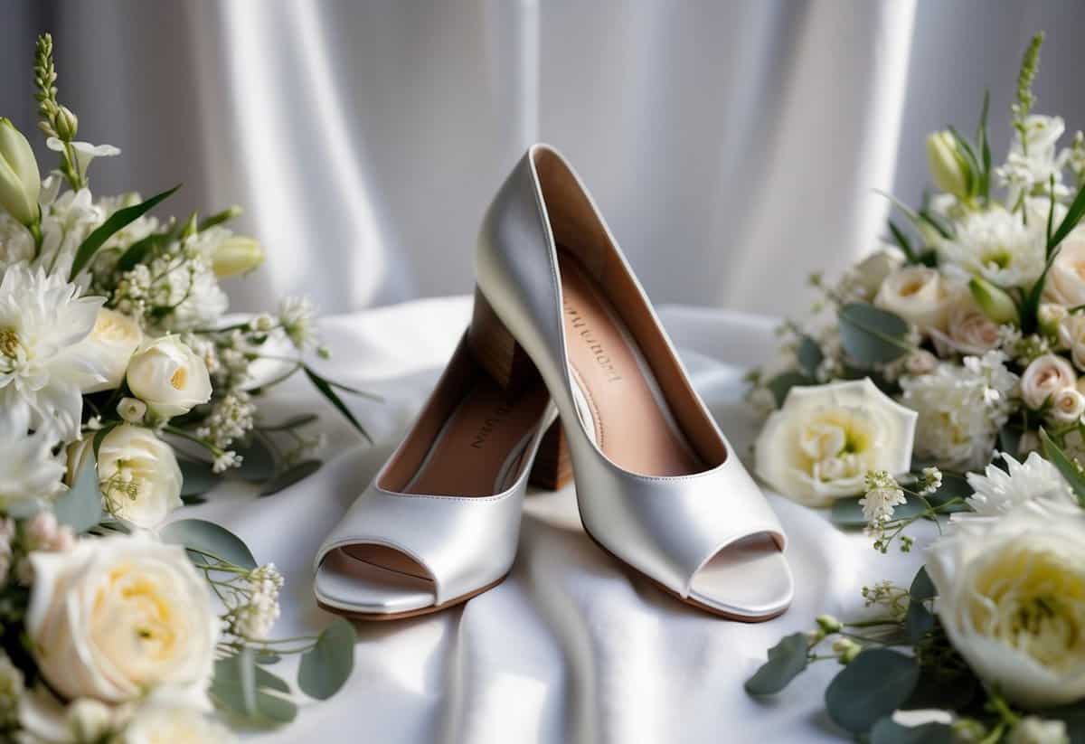 A pair of Naturalizer Vera Block Heel shoes placed on a white satin background, surrounded by delicate floral arrangements and wedding decor