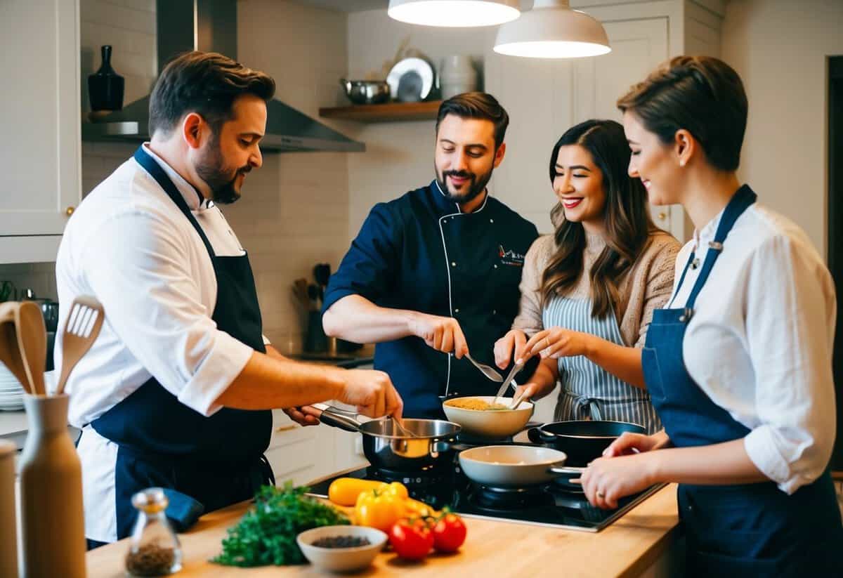 A cozy kitchen with a chef demonstrating cooking techniques to a couple. Ingredients and utensils laid out on a counter