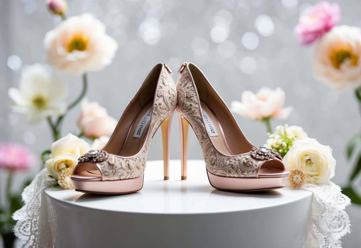 A pair of elegant Badgley Mischka Ever After Heels on a white pedestal, surrounded by delicate lace and floral accents