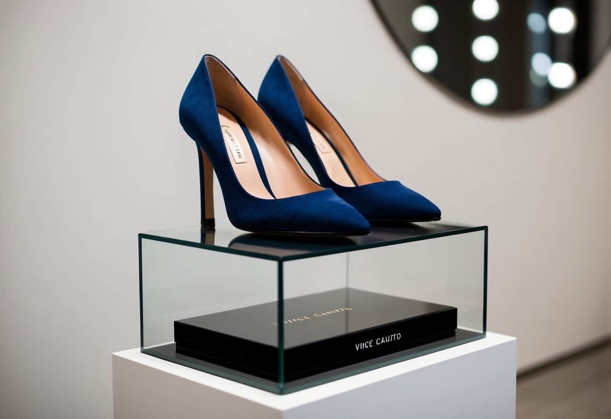 A pair of Vince Camuto Ravyn Heel block heels displayed on a sleek, modern pedestal against a minimalist backdrop