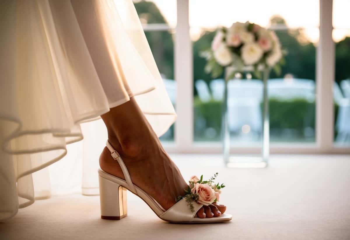 A bride's foot wearing elegant block heels with floral details, set against a backdrop of a romantic wedding venue