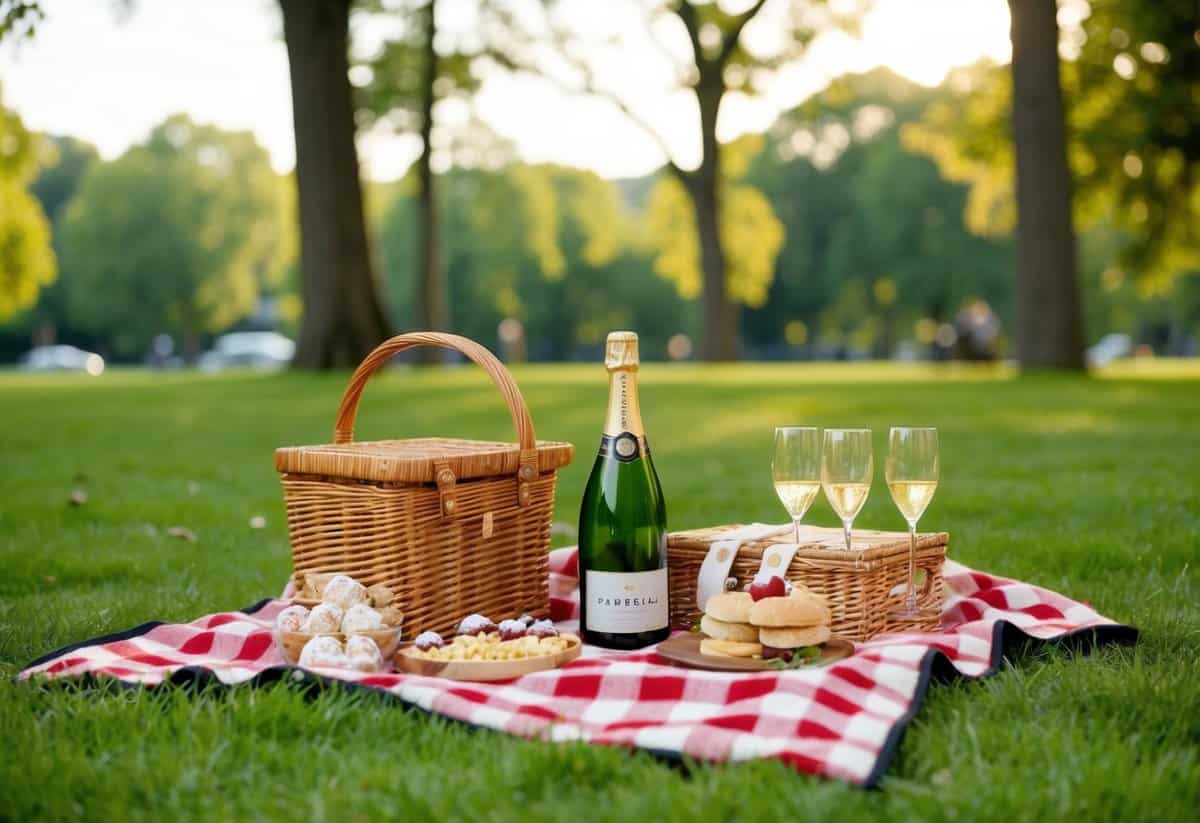 A cozy picnic set up in a park with a basket of gourmet treats and a bottle of champagne on a checkered blanket