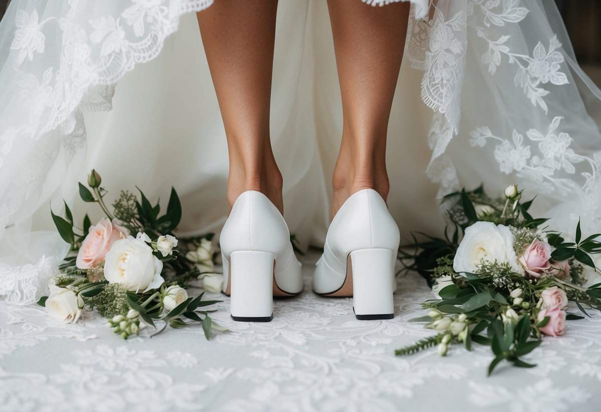 A bride's feet in white block heels, surrounded by delicate lace and floral details of her wedding dress