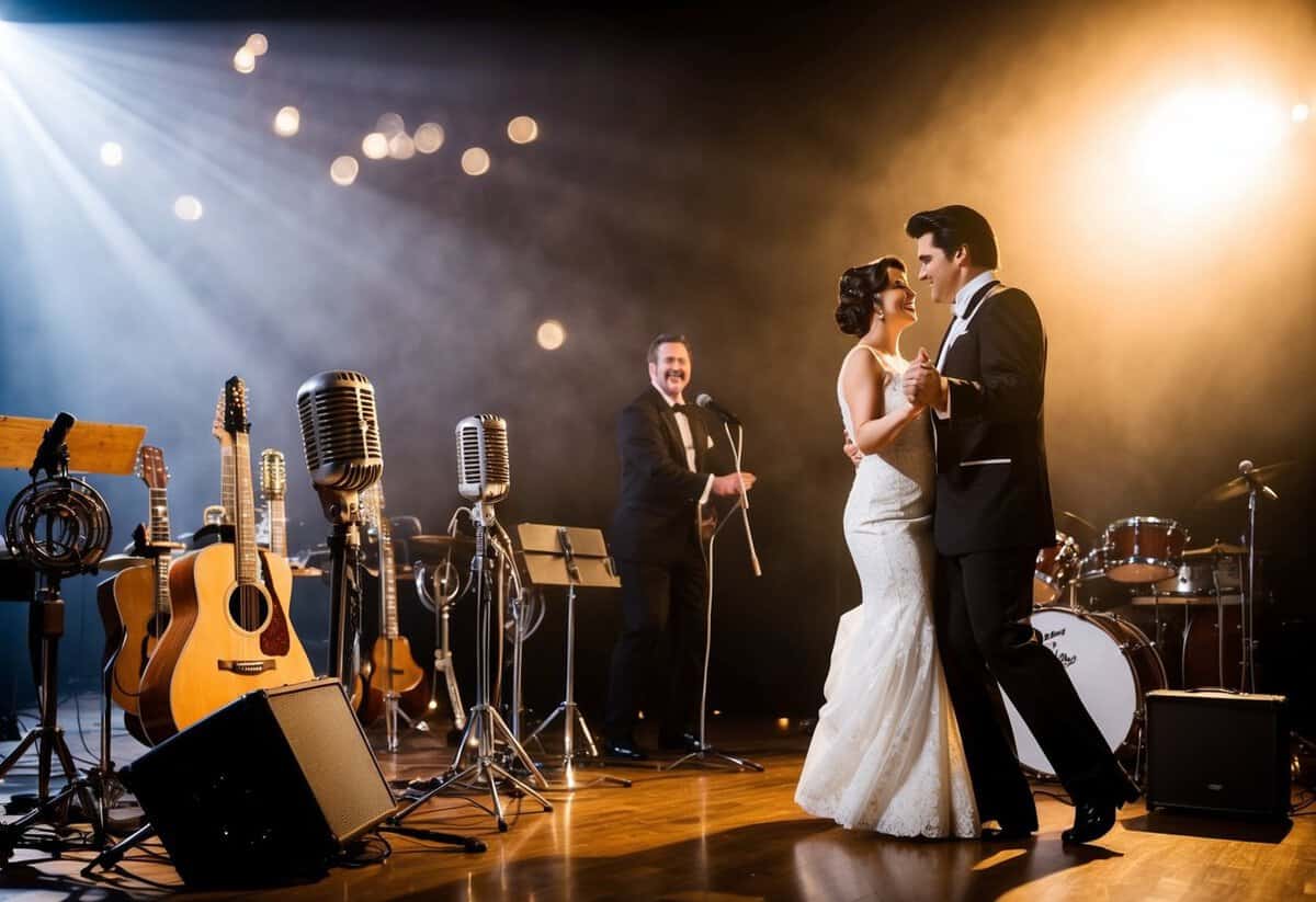 A couple dances under a spotlight, surrounded by vintage microphones and musical instruments, as an Elvis impersonator serenades them with classic love songs