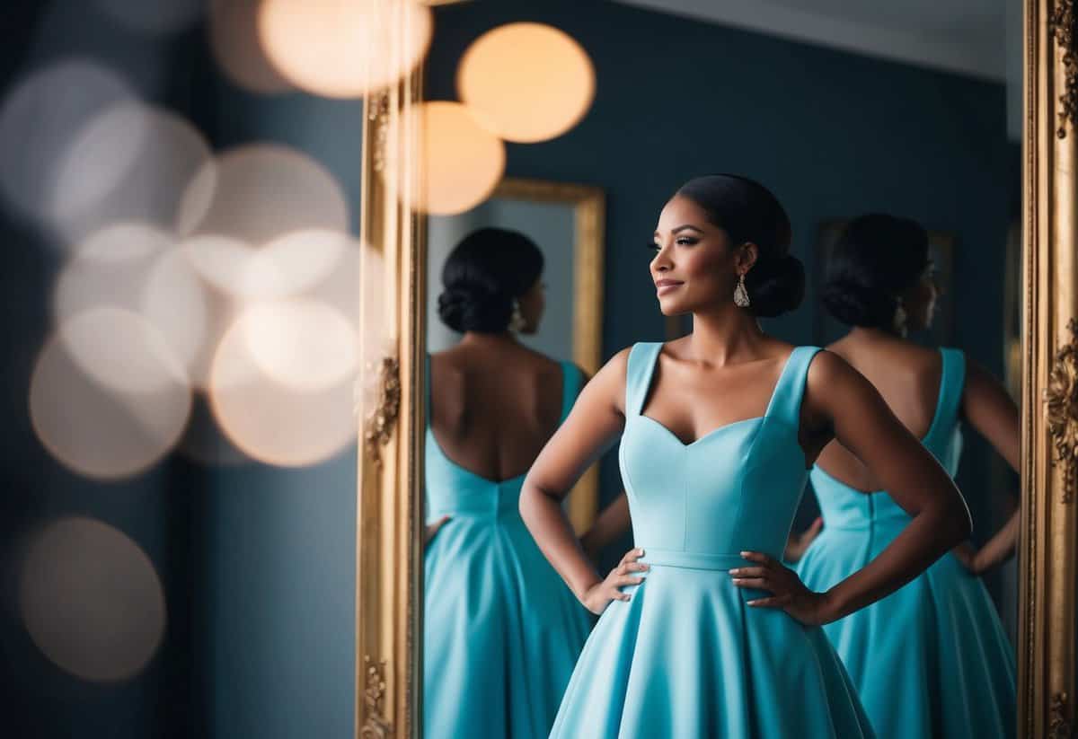 A woman in an A-line empire waist dress stands in front of a mirror, admiring her silhouette with confidence