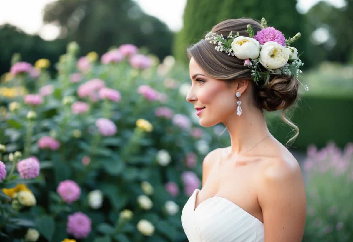 A woman with a romantic updo adorned with fresh flowers, wearing a strapless dress, standing in a garden