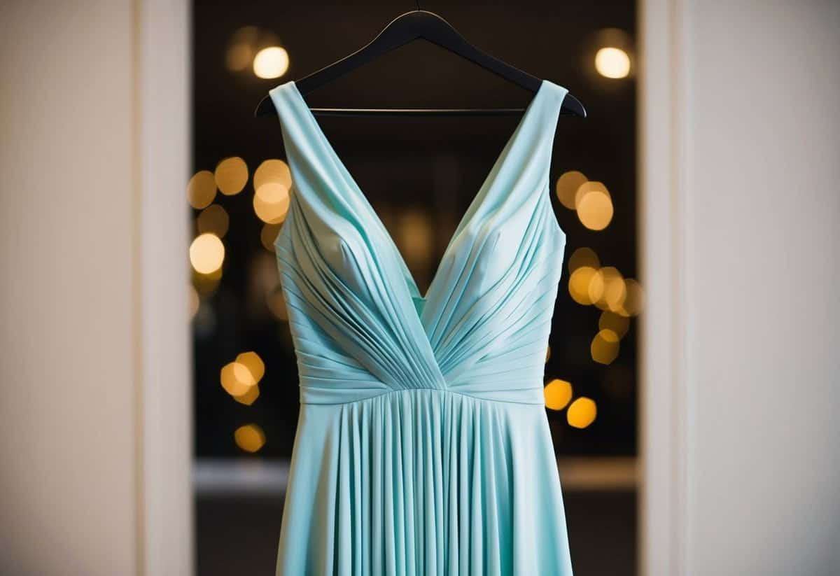 A v-neck flowy gown on a hanger, with billowing fabric and elegant draping