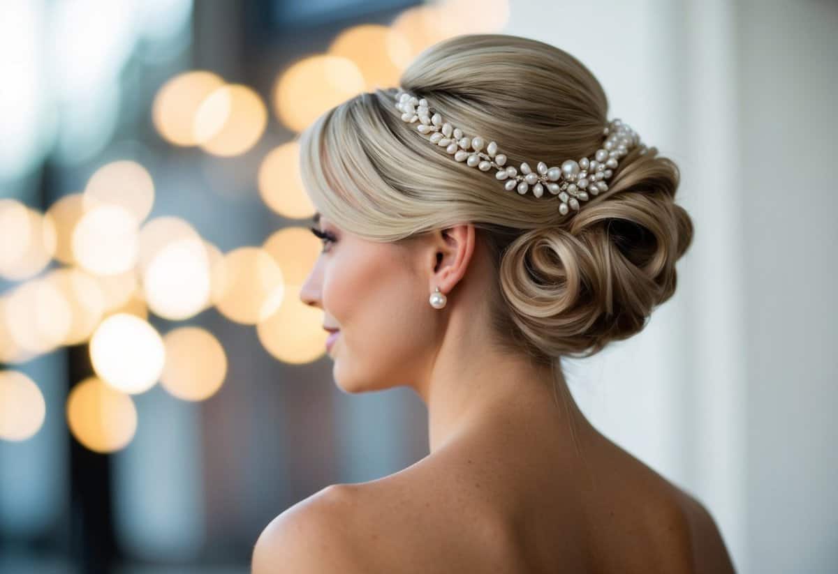 A woman's elegant chignon adorned with pearl pins, complementing a strapless wedding dress