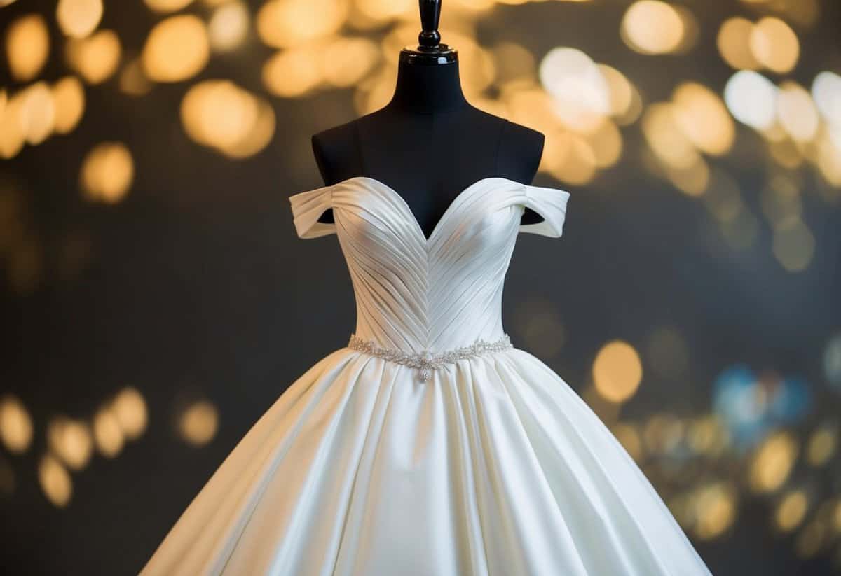 An off-the-shoulder ball gown hangs on a dress form, accentuating the neckline and flowing skirt, perfect for a wedding