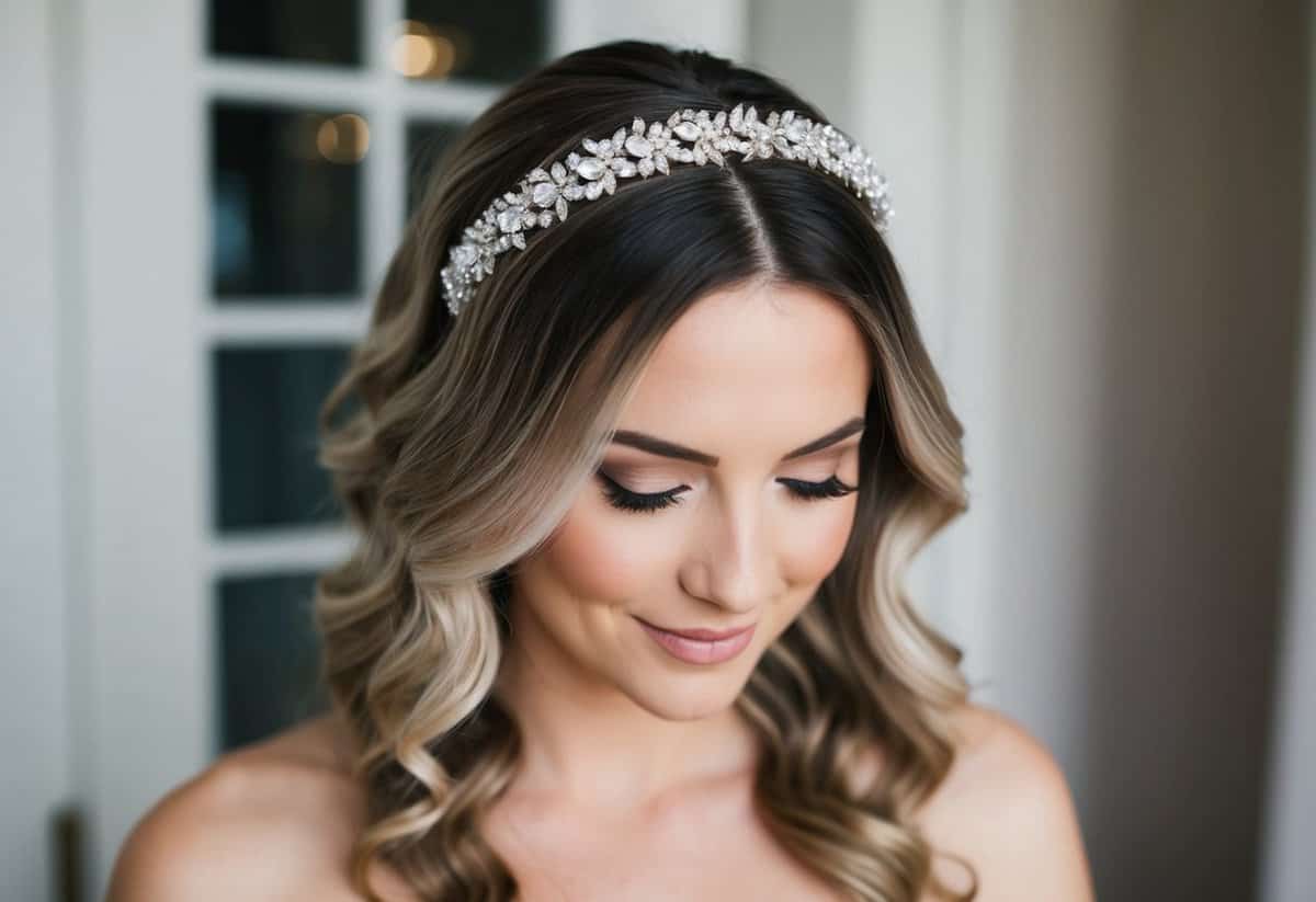 Loose waves cascading down, adorned with a sparkling crystal headband, perfect for a strapless wedding dress