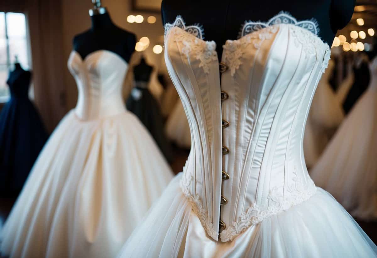 A strapless corset wedding dress draped over a mannequin, with delicate lace details and a full skirt, perfect for big arms