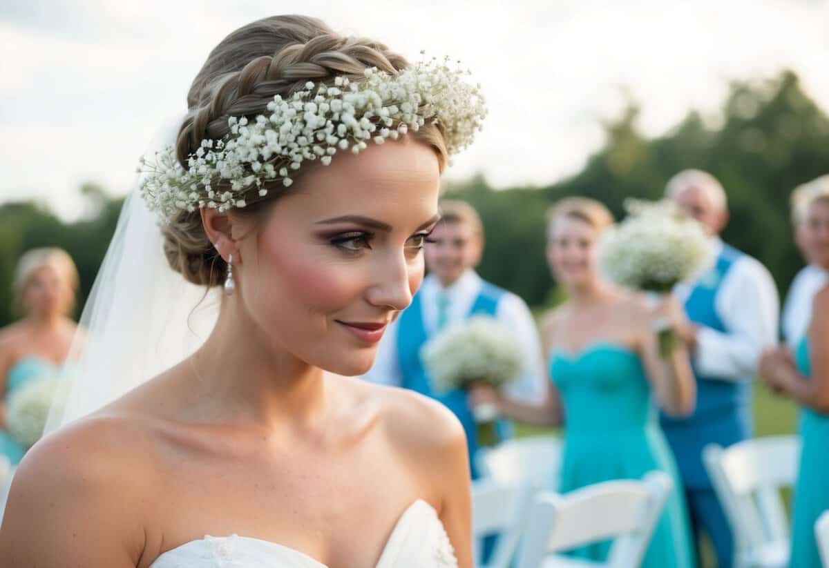 A woman's head wearing a braided crown adorned with delicate baby's breath flowers, complementing a strapless wedding dress