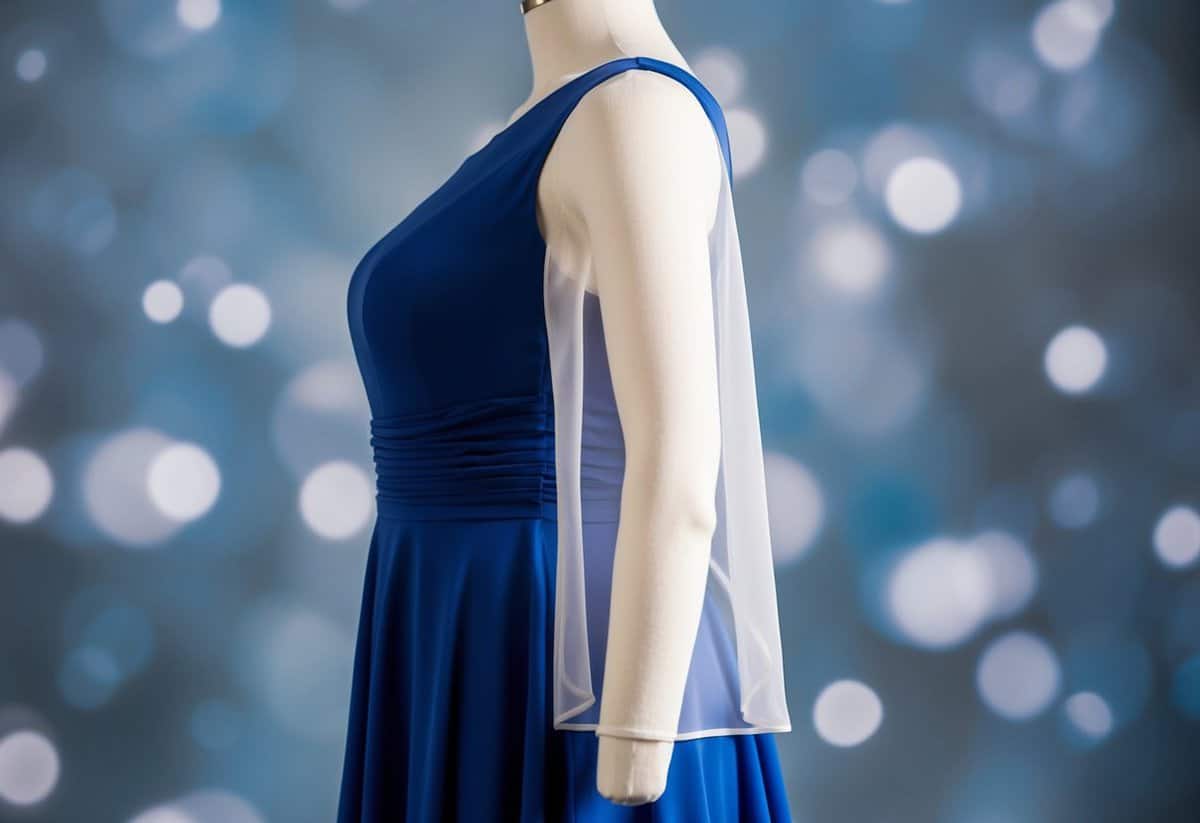 A curvy mannequin wearing an illusion sleeve A-line dress with flowing fabric, showcasing its flattering design for larger arms