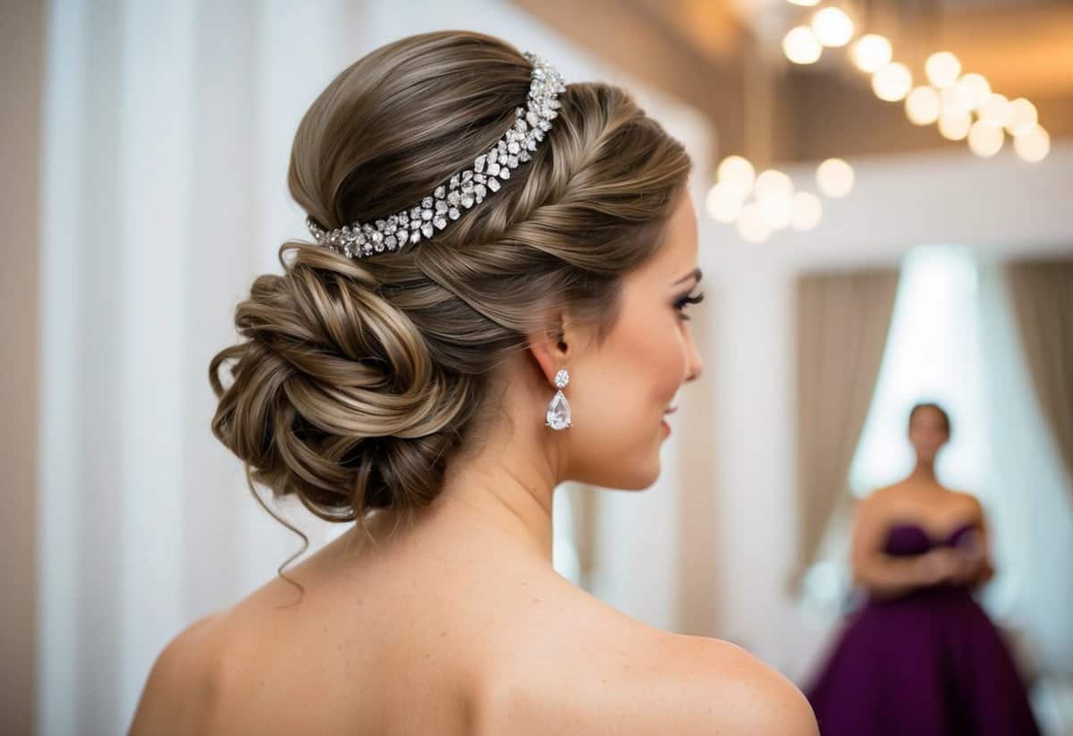 A woman's half-up twists adorned with rhinestones, complementing a strapless wedding dress