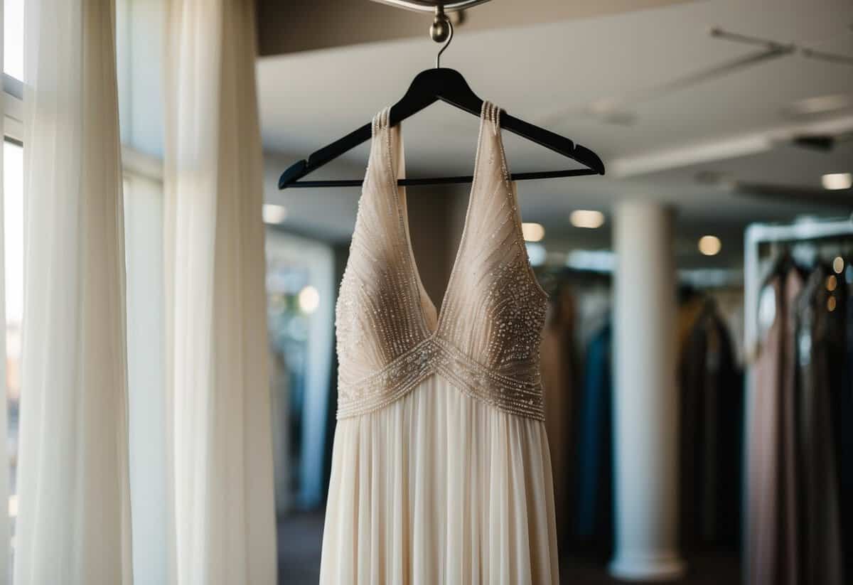 A beaded halter top dress hanging on a mannequin, with flowing fabric and intricate details, suitable for a wedding