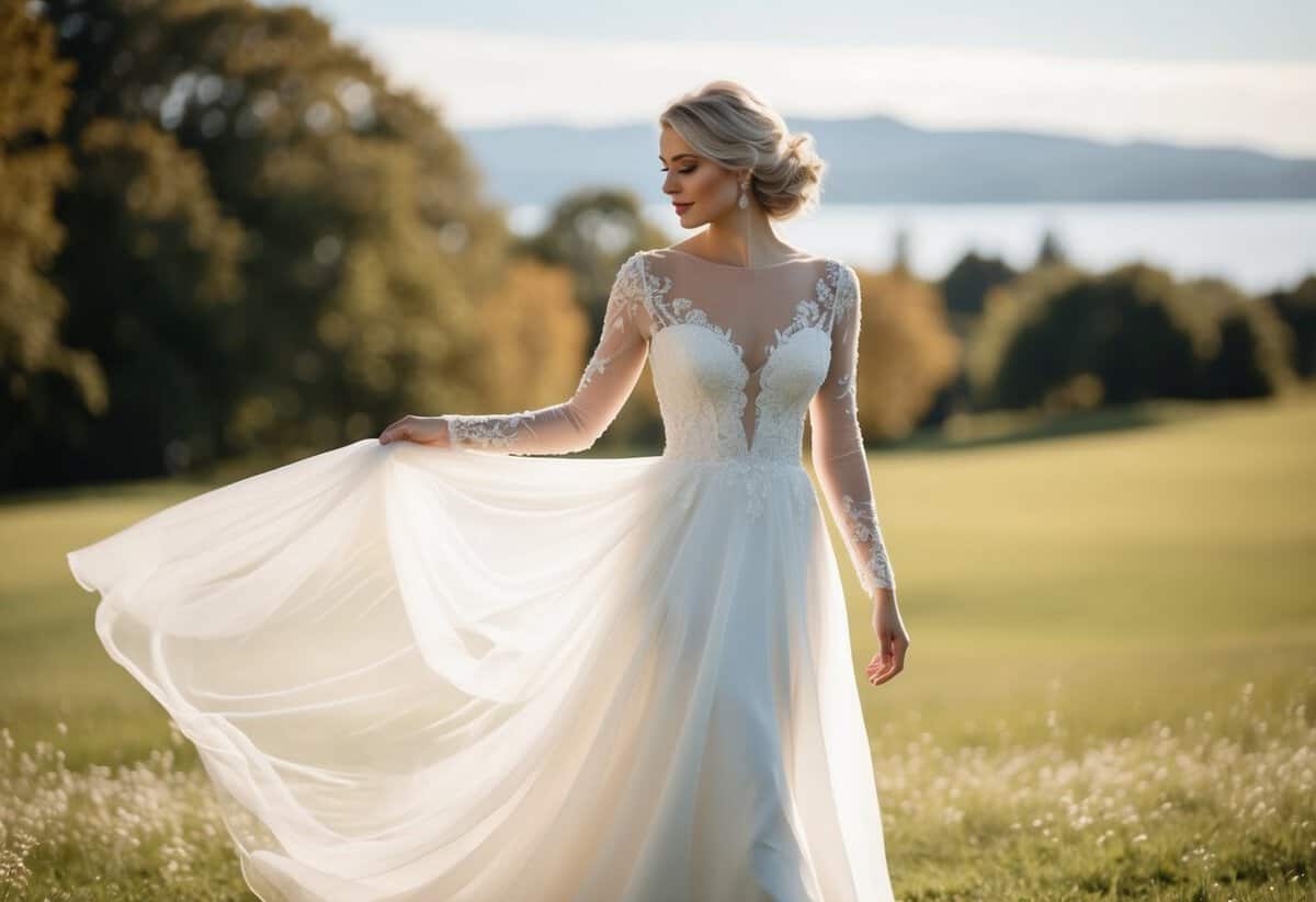 A flowing wedding dress made of lightweight, breathable fabric, with delicate lace or beaded details, designed to flatter and accentuate larger arms