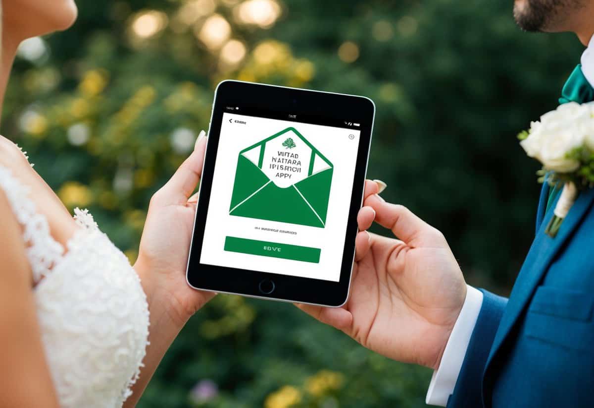 A bride and groom's hands hold a digital device displaying a wedding invitation app with a green envelope icon