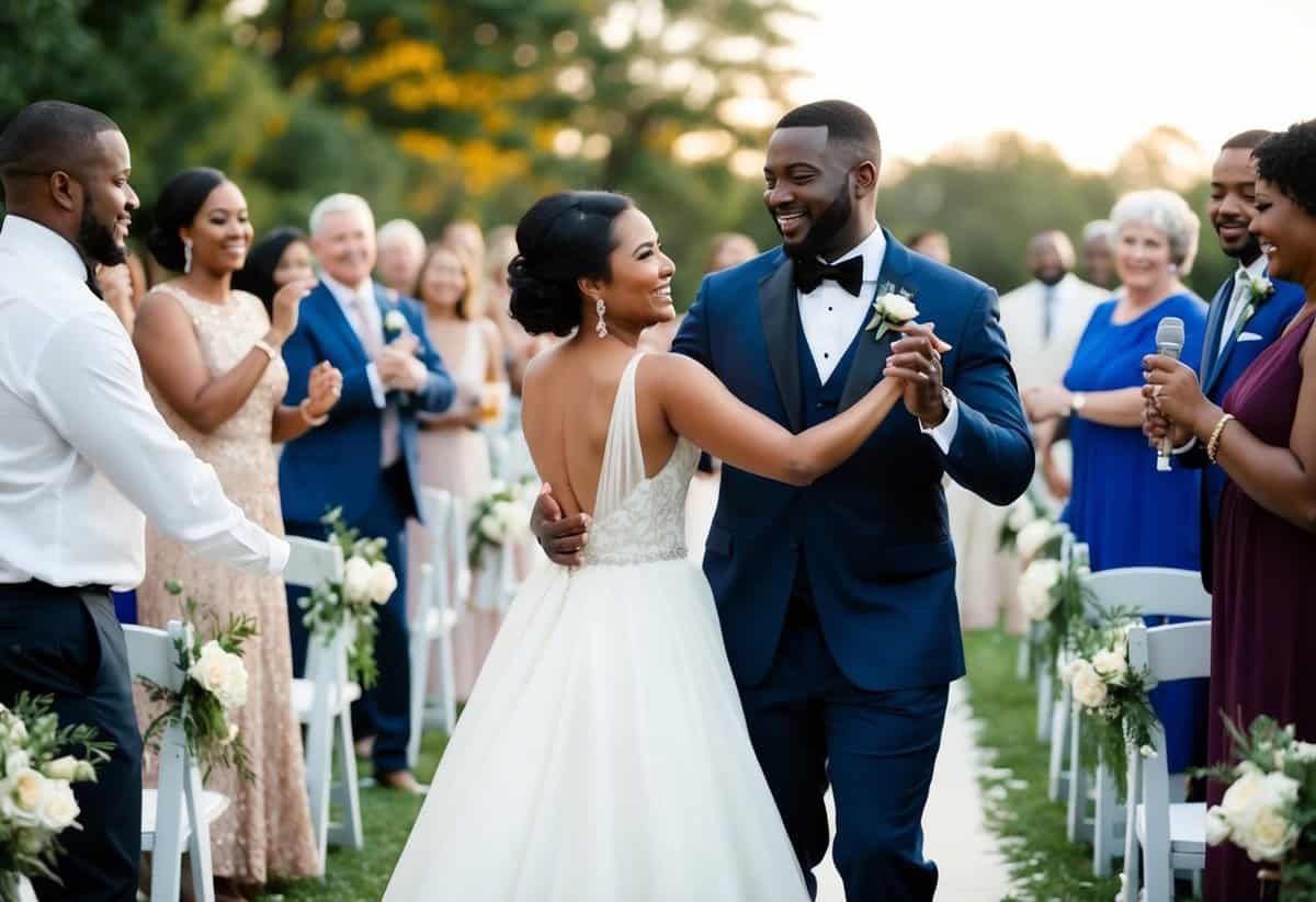 A couple joyfully dancing down the aisle to the music of "Unforgettable" by Nat King Cole, surrounded by friends and family