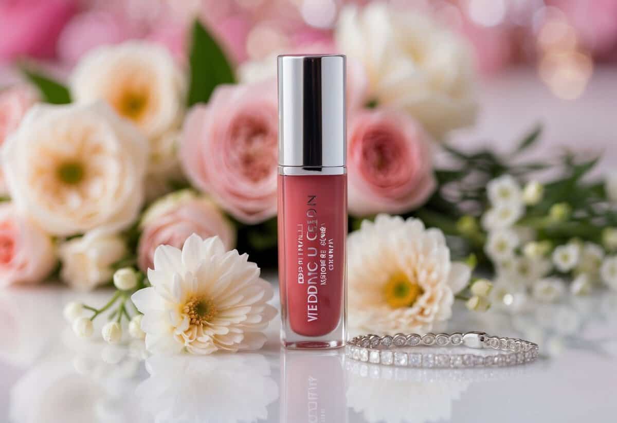 A glossy wedding lip gloss surrounded by soft, romantic flowers and elegant jewelry