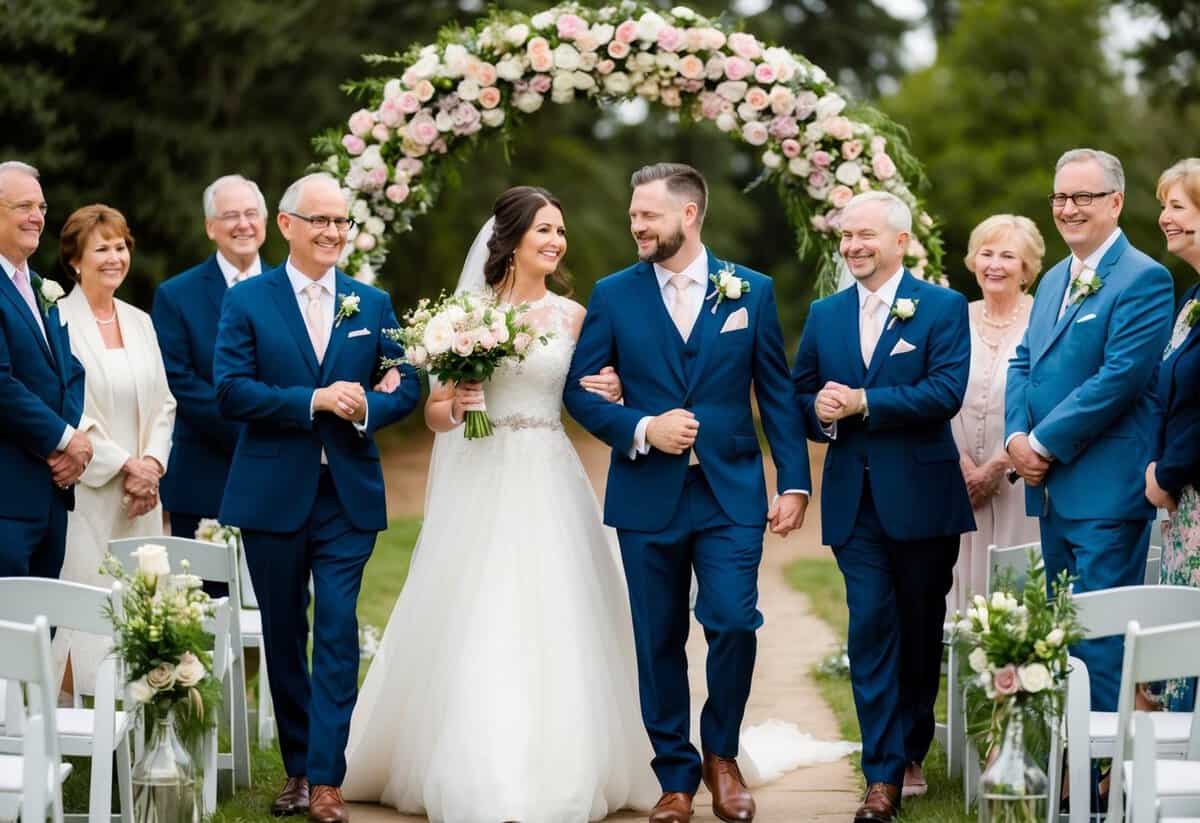 A bride and groom walk arm in arm under a floral archway, surrounded by their beaming parents, as "Wind Beneath My Wings" fills the air