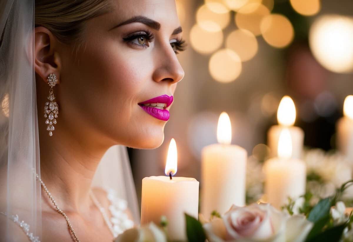 A bride's lips glisten with MAC Lipglass, reflecting the soft glow of candlelight at her elegant wedding reception