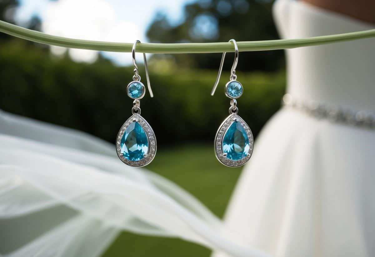 A close-up of elegant Tiffany & Co. drop earrings against a backdrop of a flowing strapless wedding dress