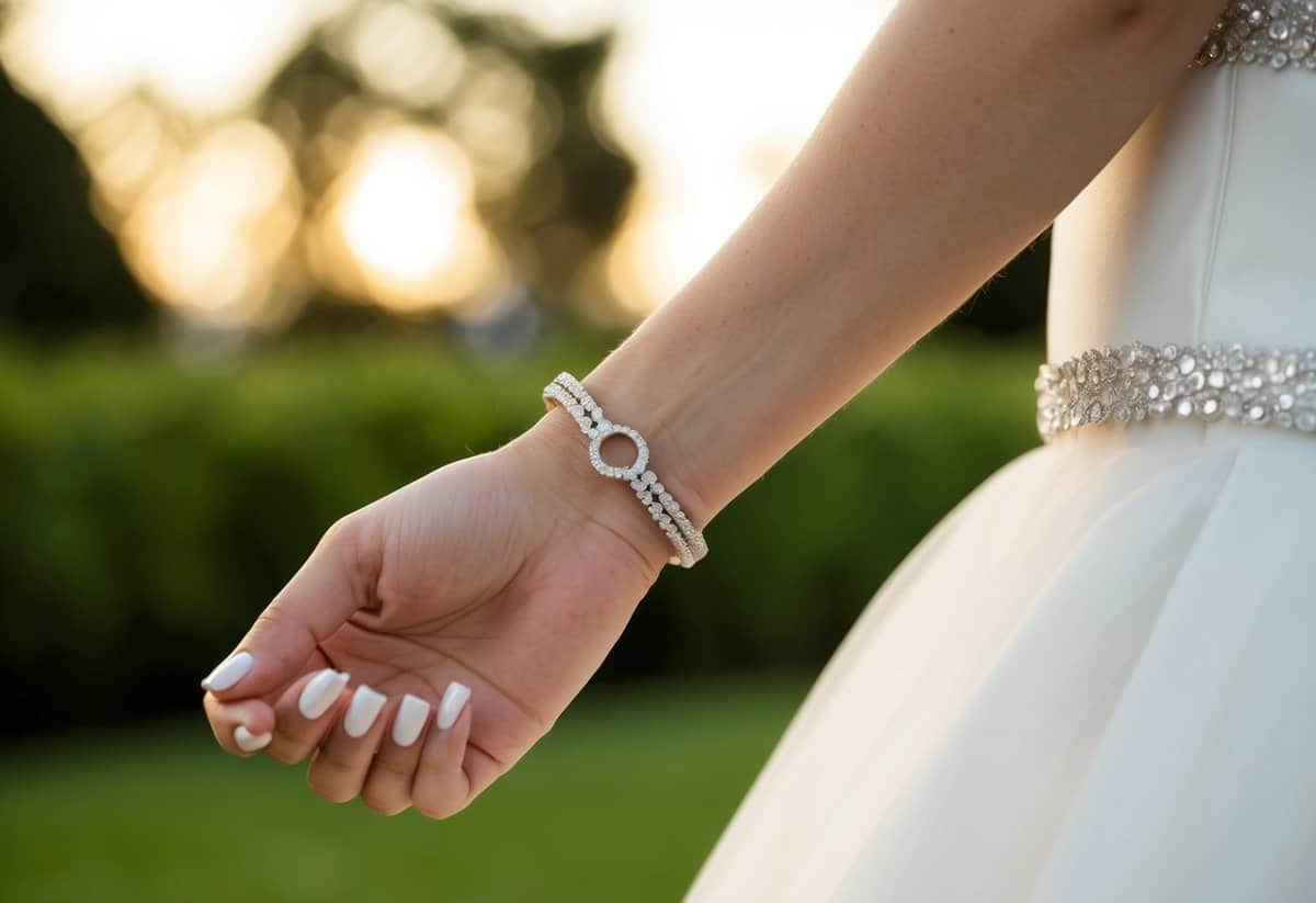 A delicate wrist adorned with a Cartier Love Bracelet complements a strapless wedding dress