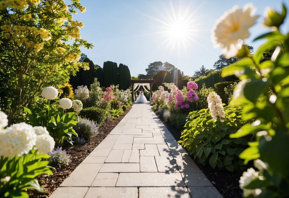 A bright sun shining down on a garden path, flanked by blooming flowers and lush greenery, leading to an elegant wedding venue