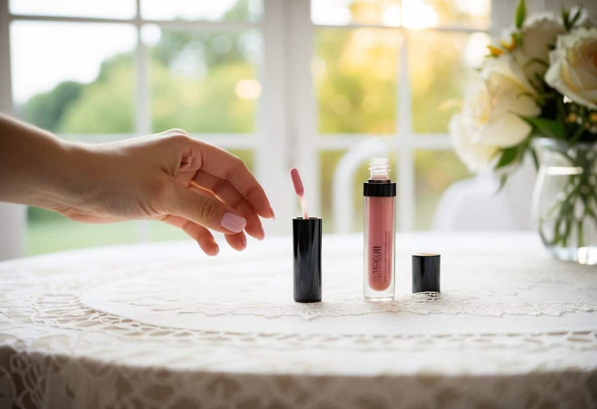 A bride's hand reaching for a tube of lip gloss on a delicate lace tablecloth, with soft natural light streaming in