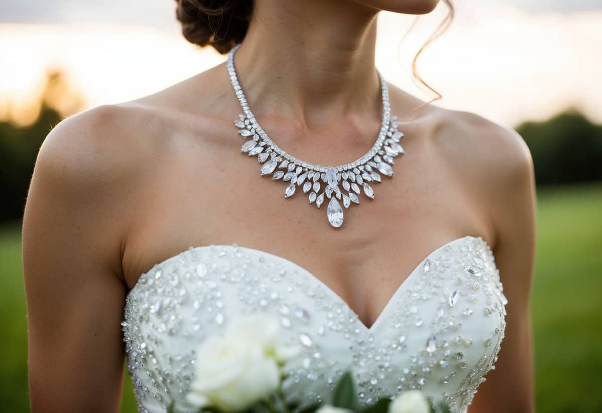 A sparkling Swarovski crystal necklace adorns a elegant strapless wedding dress