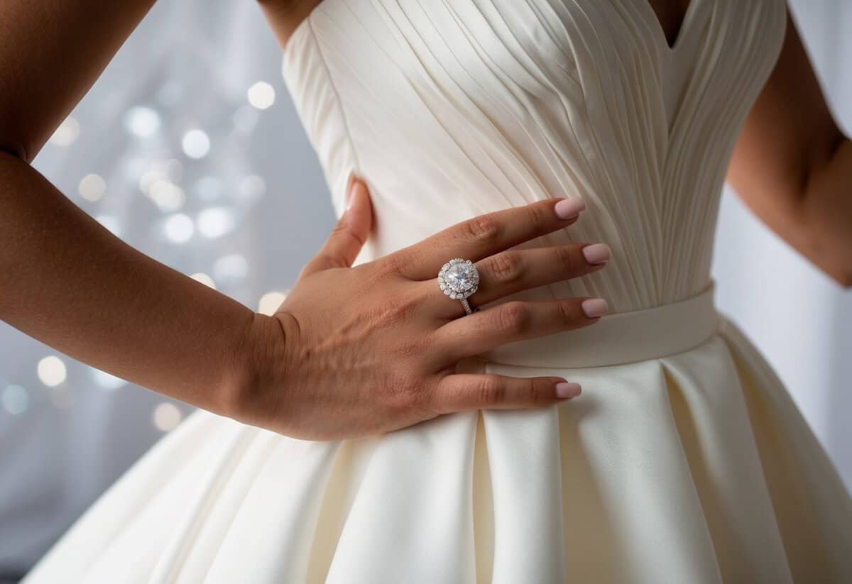 A delicate hand wearing the Pandora Timeless Elegance Ring, set against the backdrop of a flowing strapless wedding dress