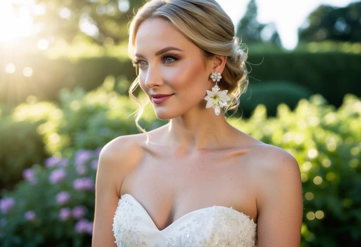 A bride wearing a strapless wedding dress with Harry Winston Lily Cluster Earrings, sparkling under the soft glow of sunlight filtering through a garden