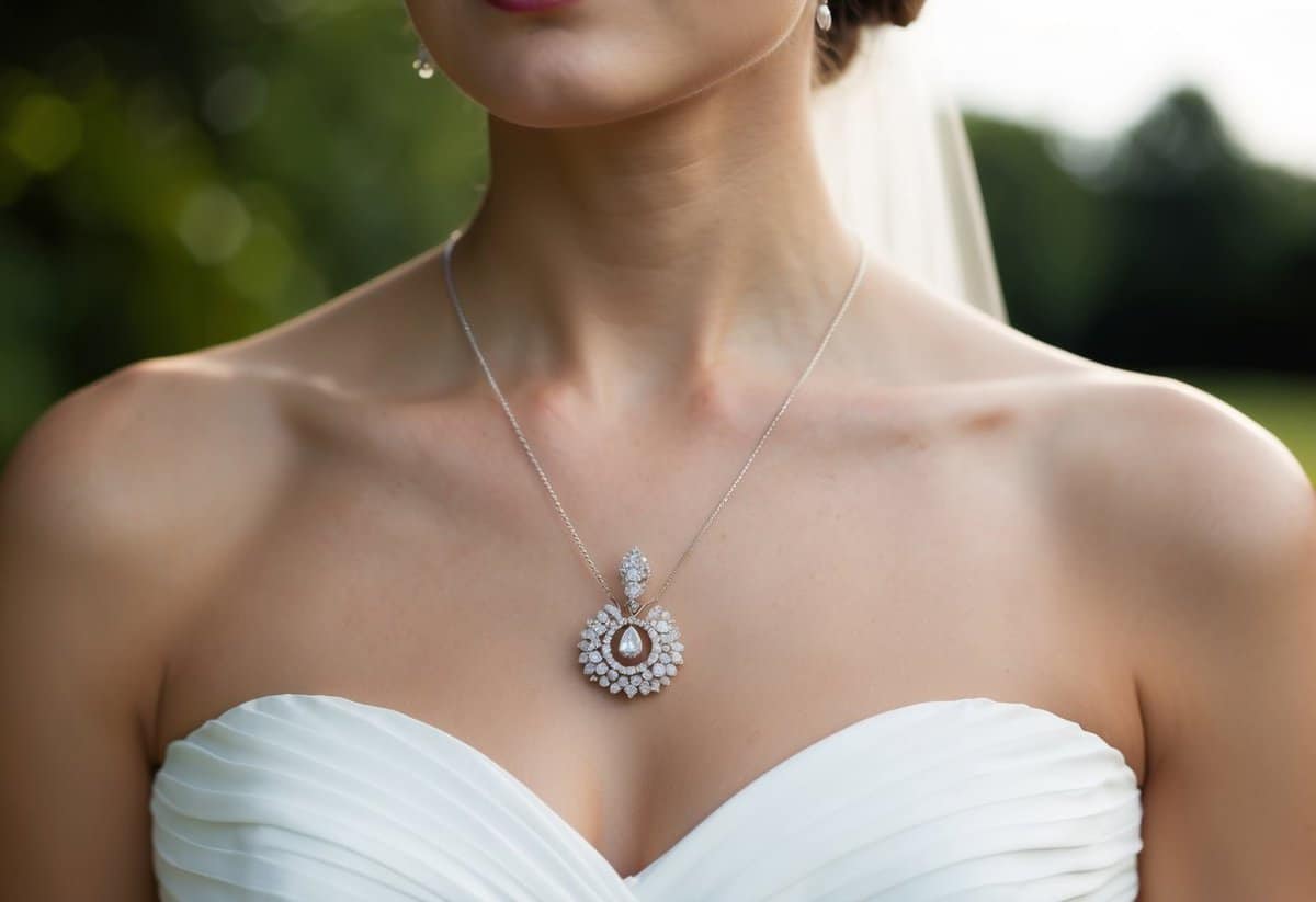 A delicate Perlée Pendant by Van Cleef & Arpels adorns the neckline of a strapless wedding dress, adding a touch of elegance and sophistication