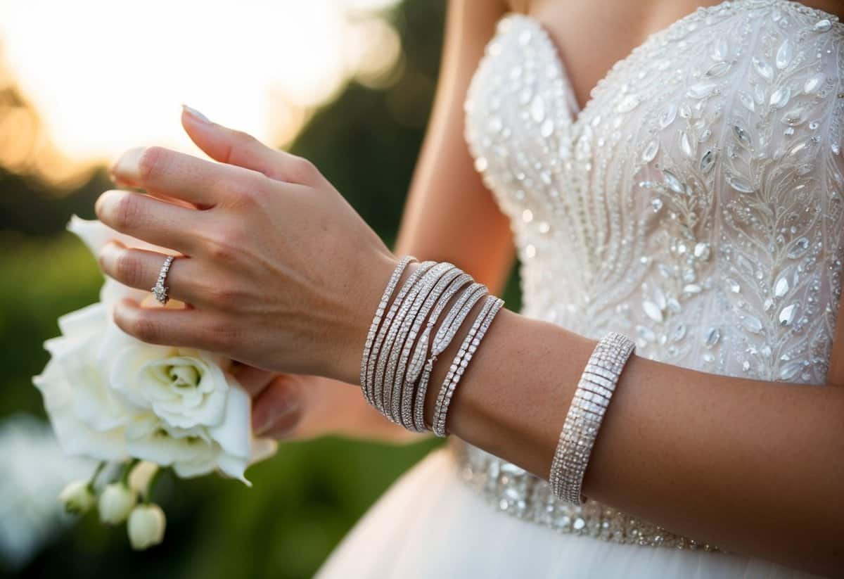 A slender wrist adorned with a shimmering Bvlgari Serpenti Bracelet, complementing a strapless wedding dress